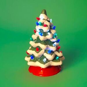 Ceramic Christmas Tree With Snow Battery Operated 10” Tall